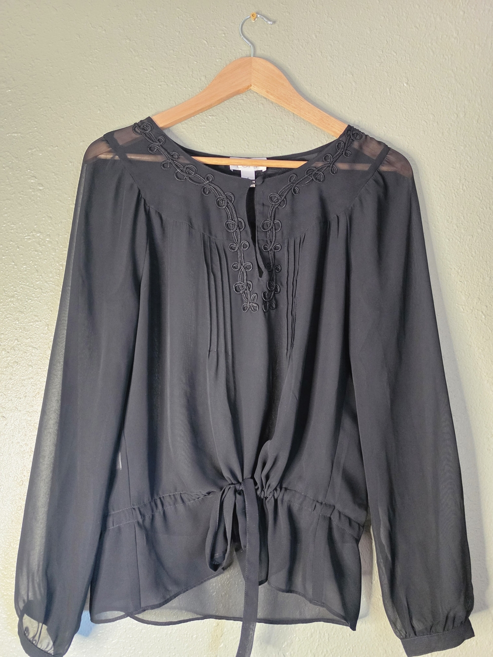 LOFT Black Sheer Long-Sleeve Tie-Waist Blouse with Embroidered Yoke